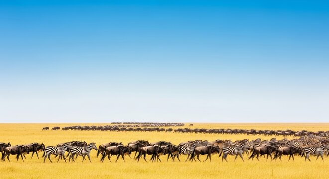 Vast herds of wildebeest and zebras migrate across an untouched golden savanna under a clear sky, following ancient trails through the wild, adventure, majestic, habitat