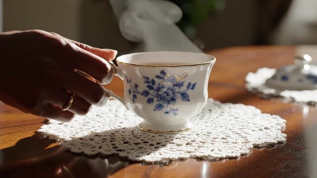 Hand holding steaming teacup with doily on wooden table