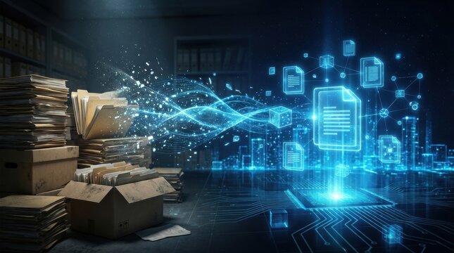 Digital Transformation: Old paper archive merging with a futuristic digital interface, representing the transition from traditional data storage to modern technology and data management.