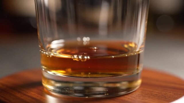 Golden spirit pouring into glass on wooden surface with splashes