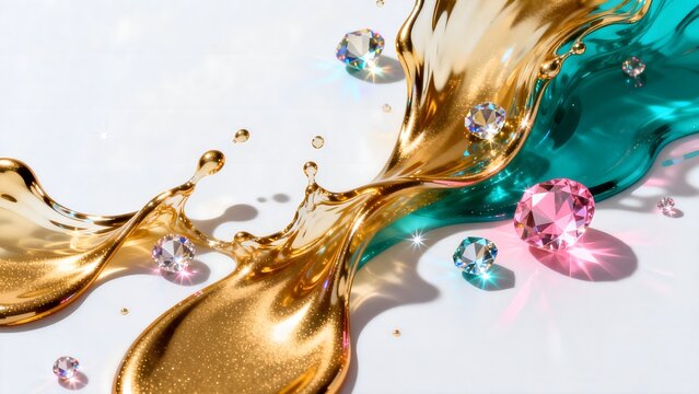 Golden and teal liquid splashes with diamonds