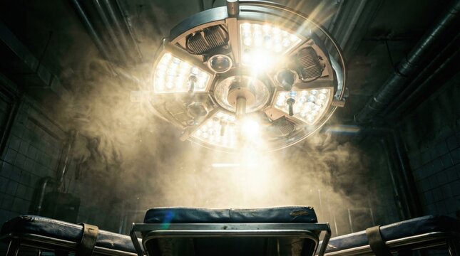Illuminated surgical light fixture above empty gurney in emergency room setting with smoke and dramatic lighting