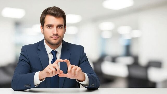 Thoughtful young businessman in suit making small gesture with fingers representing precision or tiny amount in modern office environment