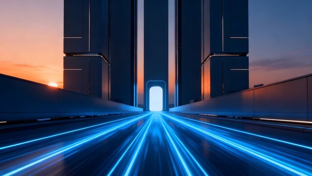Futuristic cityscape with glowing light trails
