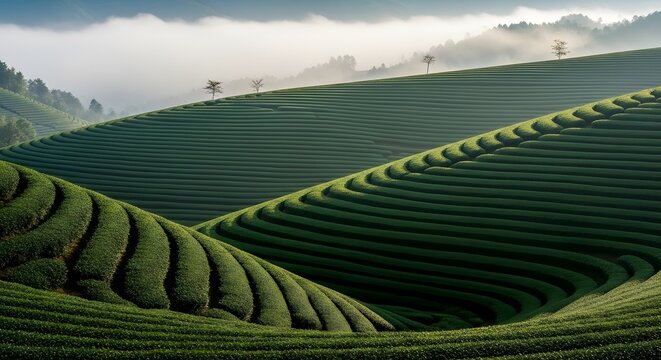 Lush Curved Tea Fields Stretching Across Misty Hillside at Dawn