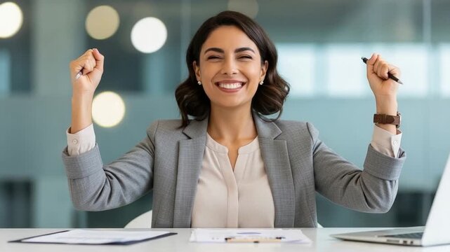Successful young businesswoman celebrating professional achievement in modern office, happy female entrepreneur with arms raised, corporate victory and career growth concept