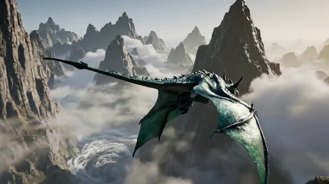 Green dragon flying over misty mountain peaks, epic fantasy cinematic landscape, mythical creature soaring through clouds