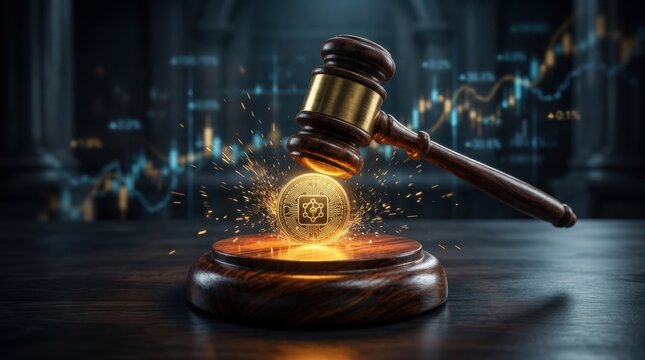 Cryptocurrency Regulation: A gavel strikes a glowing cryptocurrency coin, symbolizing the regulation and legal implications of digital assets, with financial market data displayed in the background.