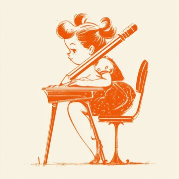 A girl wearing pigtails sits at a school desk. She writes with a large pencil and focuses on her task in a retro cartoon setting.