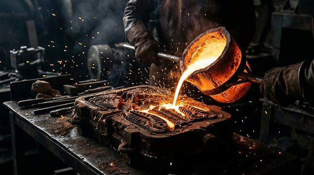 Molten orange metal poured into casting mold in industrial foundry