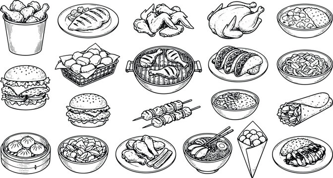 Vintage fast food dinner engraving collection featuring burgers chicken tacos and noodle meals