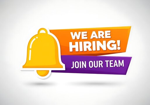 We are hiring banner with a yellow bell icon and join our team text