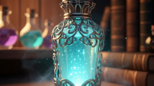 Ornate glowing magic potion bottle with swirling blue energy in an ancient library setting for fantasy alchemy and mystical spellcasting concepts