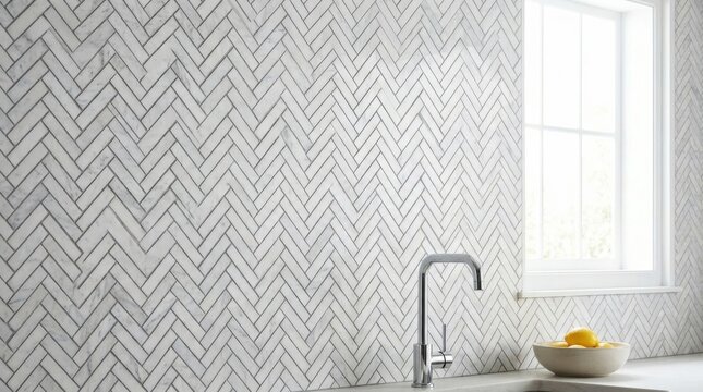 Herringbone Tile Pattern: A close-up view of a white and gray marble tile backsplash in a herringbone pattern, adding a touch of elegance and texture to a modern kitchen.