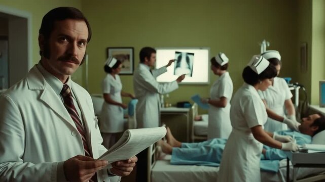 1970s Retro Hospital Scene with Male Doctor Reviewing Patient Charts and Medical Staff Attending to Patients in a Vintage Clinic Setting Representing Healthcare History