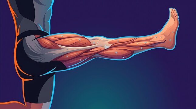 Human leg anatomy showing muscle fibers and tendons in extension