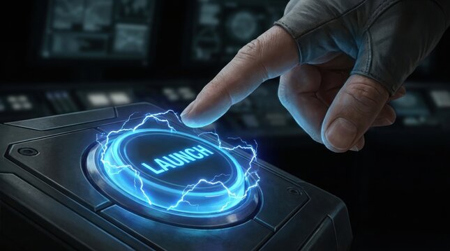 Launch Button Activation: A gloved hand reaches out to press a glowing blue 'LAUNCH' button, surrounded by electric energy, signaling the start of an exciting mission or project.