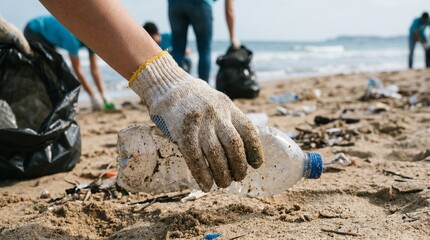 Fototapeta na wymiar Gros plan d'une main gantée ramassant une bouteille en plastique sur le sable, des bénévoles nettoyant la plage en arrière-plan, concept de protection de l'environnement