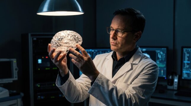 Neuroscientist Examining Brain Model: A focused scientist in a lab coat examines a detailed human brain model under artificial light, surrounded by complex scientific equipment and screens.
