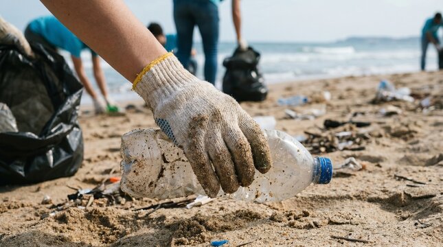 Gros plan d'une main gant&eacute;e ramassant une bouteille en plastique sur le sable, des b&eacute;n&eacute;voles nettoyant la plage en arri&egrave;re-plan, concept de protection de l'environnement.