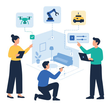 Engineers and developers designing smart home automation system with robotics and IoT technology vector illustration.