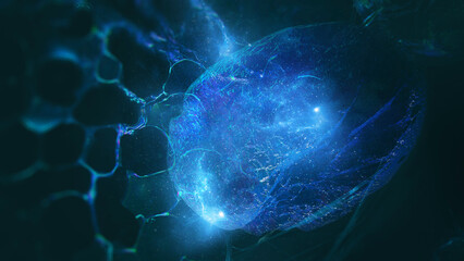 Blue cosmic energy form with hexagonal mesh in starfield © Marisa
