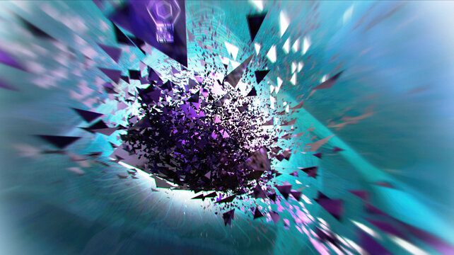 Cyan and purple shattered triangle explosion abstract digital art