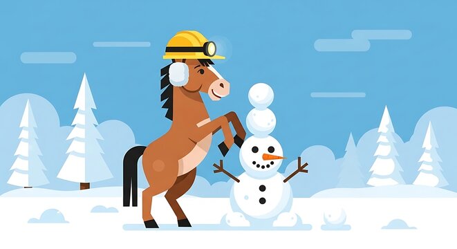 Cartoon horse in winter gear erects a snowman. Snow-covered scene has trees and a bright blue sky