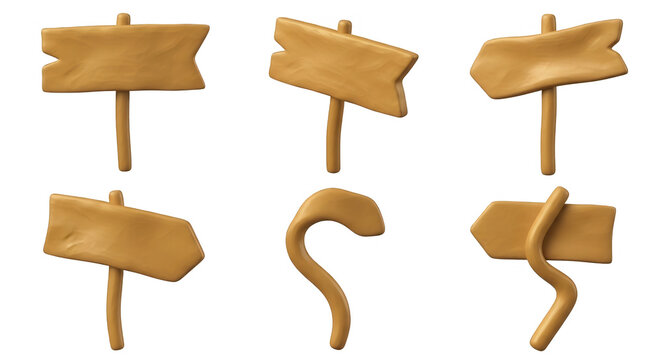 wooden signs clay crafted directions on white for communication navigation and wayfinding concepts and illustrations