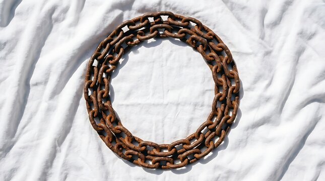 Two rusty chains arranged in a circle on white wrinkled fabric