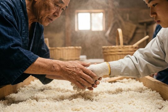 伝統を受け継ぐ酒蔵で固い握手を交わす師匠と若き職人