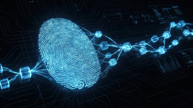 Digital Fingerprint: A glowing blue digital fingerprint integrated with a futuristic circuit board, symbolizing data security and personal identification in the digital age.