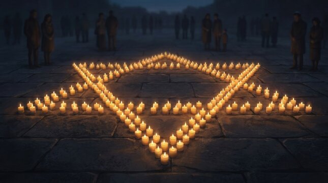 Star of David Candle Vigil: A solemn vigil held in memory, with a large Star of David formed by hundreds of glowing candles on a stone plaza, surrounded by silhouetted figures in the misty twilight.
