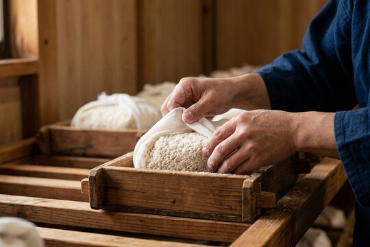  麹室（こうじむろ）で布に包まれた米を丁寧に扱う職人の手元
