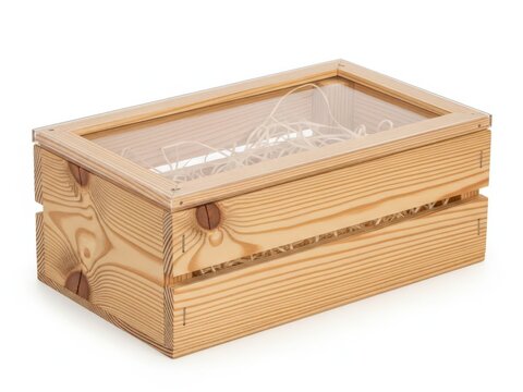 Light wooden box with clear decorative glass lid showing intricate pattern