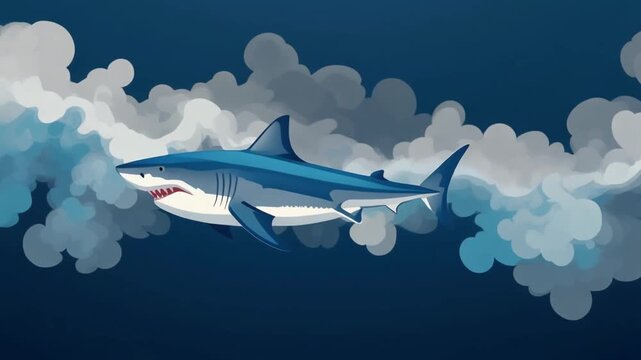 Blue shark swimming through clouds illustration