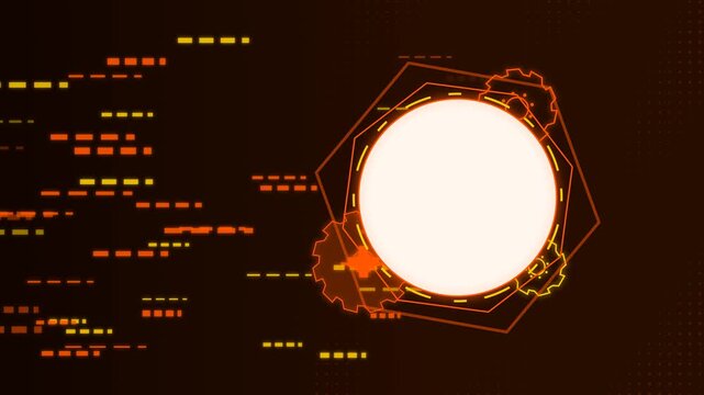 Futuristic orange HUD background loop featuring a central circular frame surrounded by rotating tech gears and fast data speedlines. Great for science and technology presentation slides