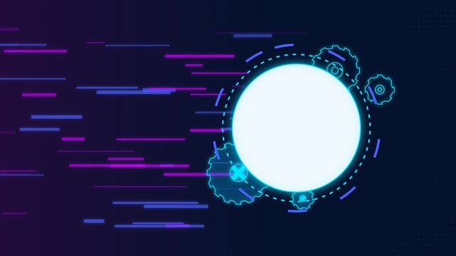 Futuristic cyberpunk background loop featuring a central circle frame surrounded by rotating neon HUD gears and fast speedlines. Great for tech stream overlays and gaming visuals