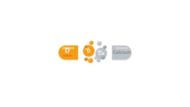 2D animated icon of a medical capsule splitting open to release Vitamin D and Calcium particles on a white background. Ideal for dietary supplements, bone health, and pharmacy loops