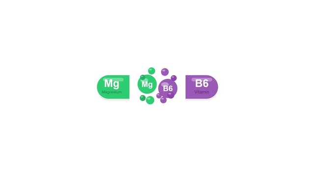 2D animated icon of a medical capsule splitting open to release Magnesium and Vitamin B6 particles on a white background. Ideal for dietary supplements, nervous health, and pharmacy loops
