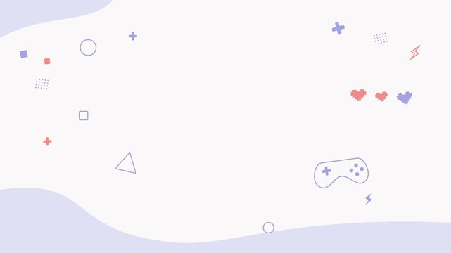 Minimalist pastel retro gaming background loop with cute gamepad outline, floating pixel hearts, and geometric shapes. Perfect for stream overlays and gaming presentation slides
