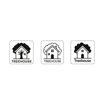 Three creative treehouse logo design variations black.