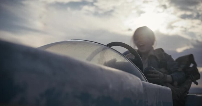 Female adventurer jumping into sci-fi vehicle and taking off - low shot
