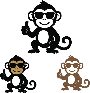 Collection of cool monkey mascot vector logo designs with sunglasses, smiling expressions and playful cartoon style. Creative monkey character icons in colorful flat design isolated on white backgroun