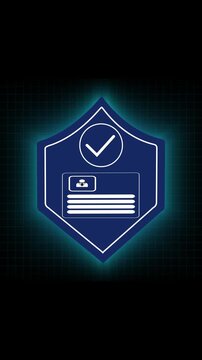 Cybersecurity shield animation with id card icon. Cybersecurity shield digital grid protection. Cybersecurity shield identity security graphic on black background.