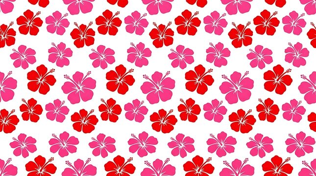 Red and pink hibiscus flower seamless pattern on white background