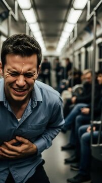 Middle aged man suffering from sudden heart attack or chest pain while riding a public subway train, medical emergency concept, health crisis in urban transportation