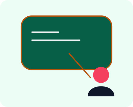 A teacher with a pointer explaining content on a green chalkboard.