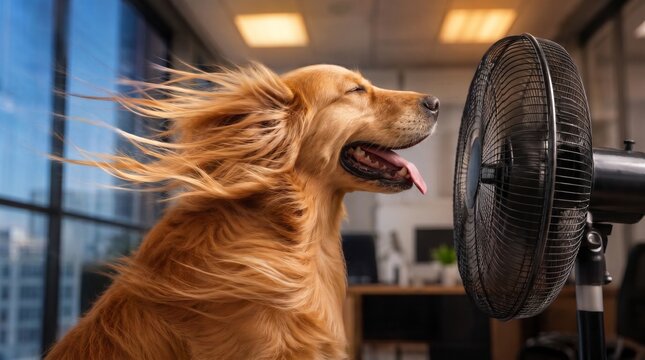 Funny Golden Retriever dog cooling down in front of a floor fan in a modern corporate office during an extreme summer heatwave.