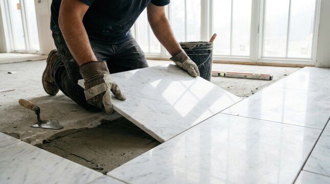 Tiler Laying Marble Floor: A tiler in work gloves crouches on a construction site, carefully placing a large marble tile onto a cement base, meticulously crafting a smooth and elegant floor.